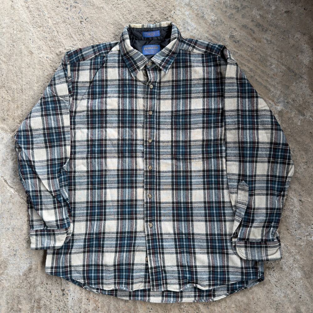 Vintage Pendleton 100% Virgin Wool Plaid Long Sleeve Shirt Men's XL Tan Flannel